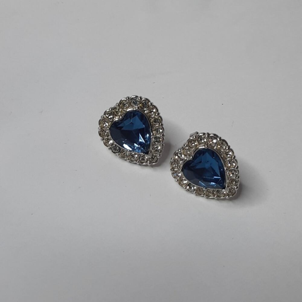 Heart Shaped Earrings Silver Tone Setting Rhinestones Blue Center